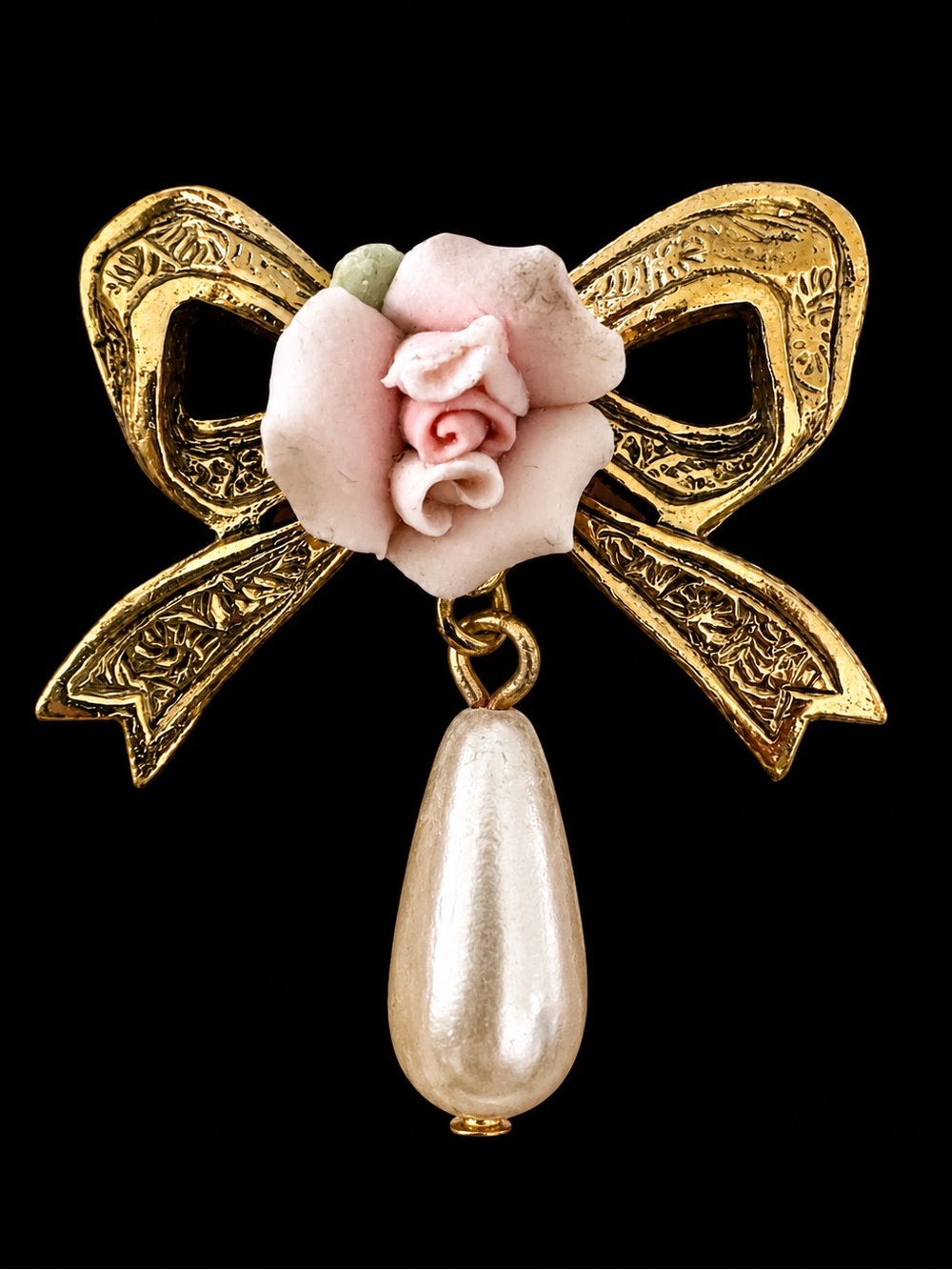 1928 Vintage Gold Tone Bow Brooch Pink Porcelain Rose Faux Pearl Coquette Pin